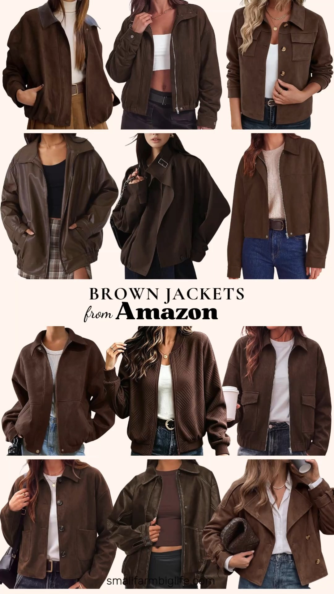 Brown Jackets From Amazon 🍂 Brown jackets are the must have outerwear of the season, and these Amazon finds cover every style you could want. Faux suede is everywhere this fall: choose from cropped zip up bomber jackets in coffee brown and dark brown, button down suede shackets in brown and dark brown, and a dark brown suede short trench coat. The coffee brown double breasted faux suede trench with tie cuffs is so polished for work or date night outfits. Want a little edge? The oversized brown faux leather moto jackets are perfect for concerts and nights out. For a softer look, try a lightweight textured brown bomber with pockets or a vintage inspired brown funnel neck cropped jacket with a bubble back. These brown jackets layer beautifully over sweaters, dresses, and jeans with your favorite fall shoes, and they're a great addition to any fall fashion haul for women over 50 and beyond!

#amazonfashion #amazonfinds #suedejacket #brownjacket #falloutfits #fallfashion 

 #LTKgrwm #LTKootd #LTKOver40