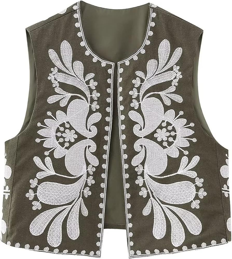 Women Embroidered Vest Y2k Vintage Floral Sleeveless Open Front Cardigan Flower Print Top Dating ... | Amazon (US)