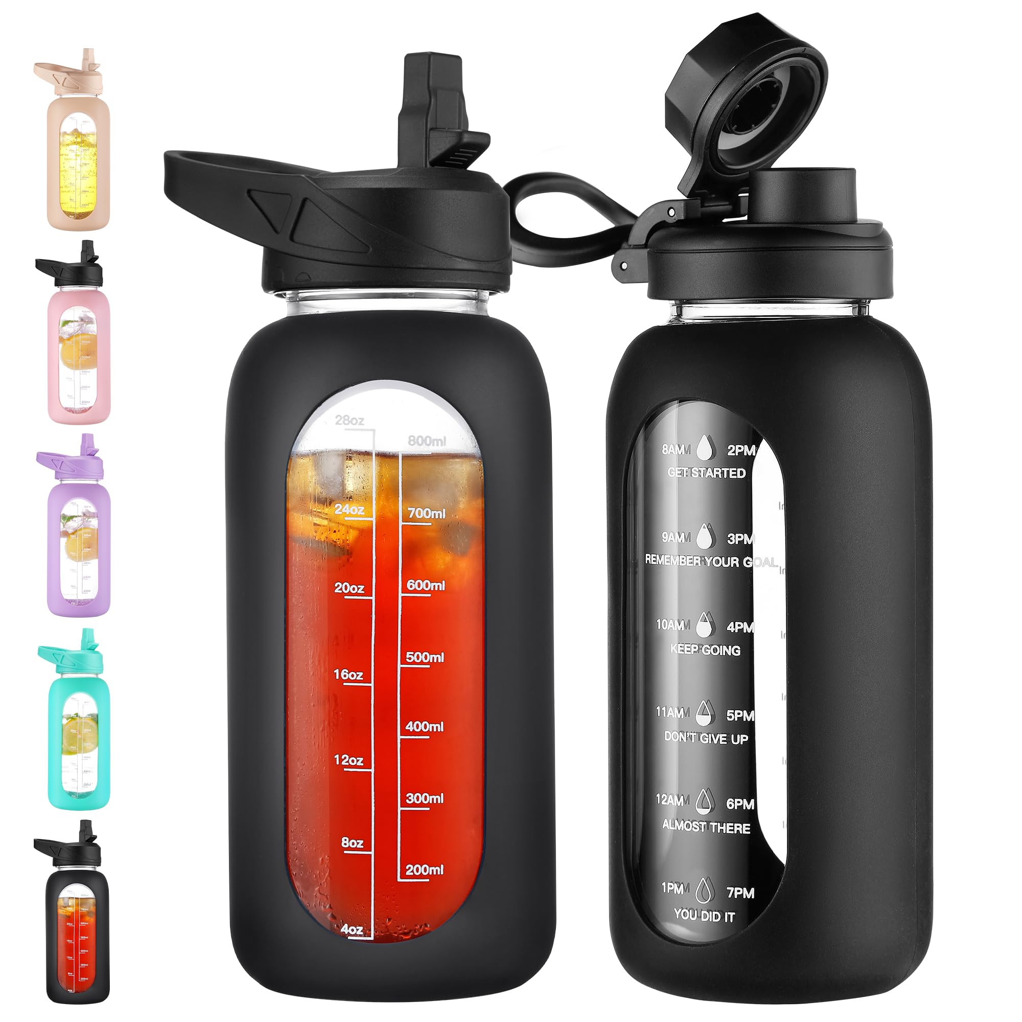 CIVAGO 32 oz Glass Water Bottle with Straw and Handle, Large Sports Motivational Water Bottle Fla... | Amazon (US)