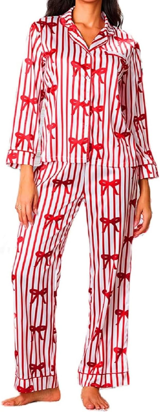 Argeousgor Women Cute Christmas Pajama Sets Satin Silk Pajamas Long Sleeve Shirt Wide Leg Pants 2... | Amazon (US)