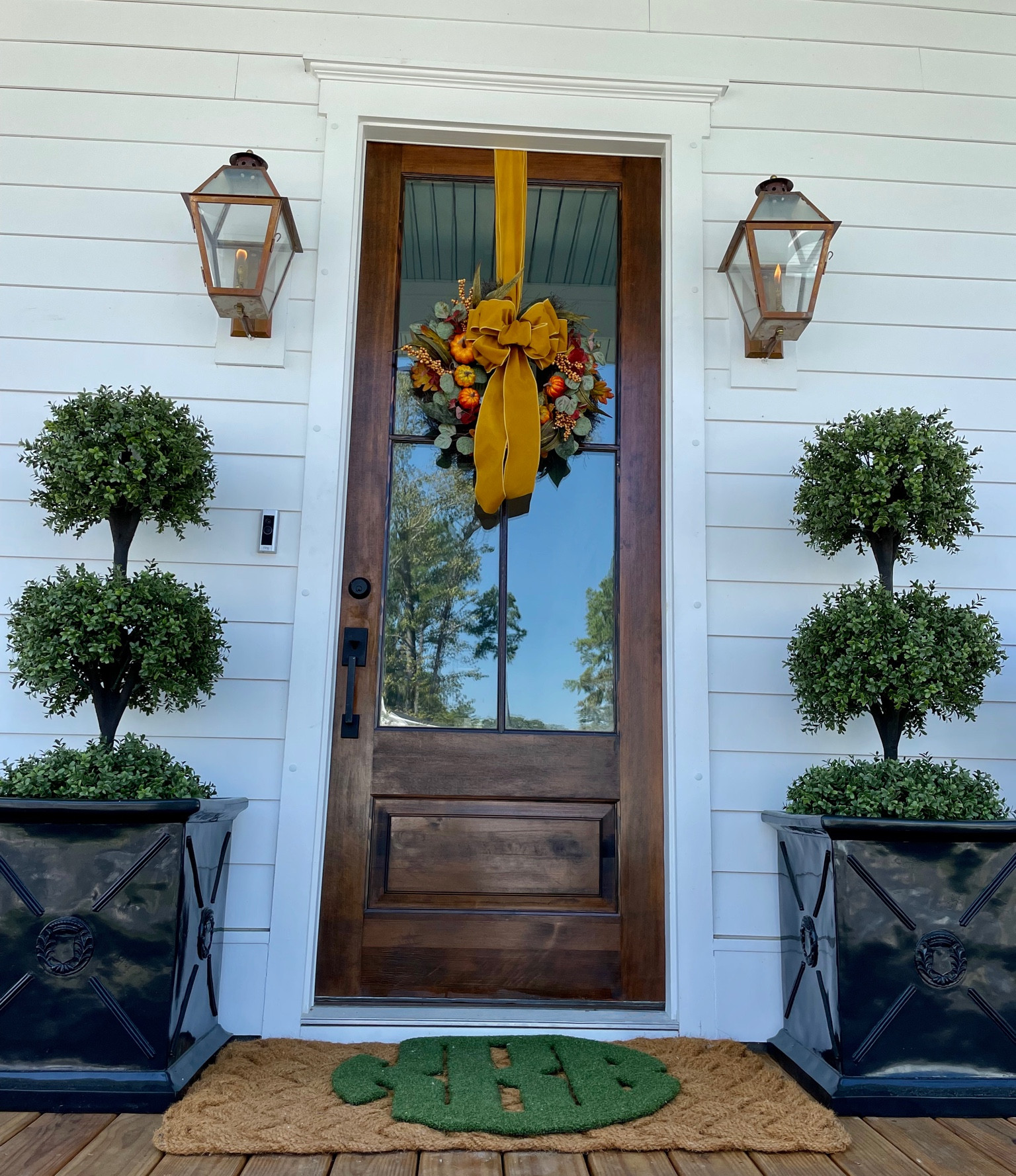 Fall wreath Fall porch decor Faux boxwood topiaries Black planters for porch 

#LTKsalealert #LTKSeasonal #LTKhome