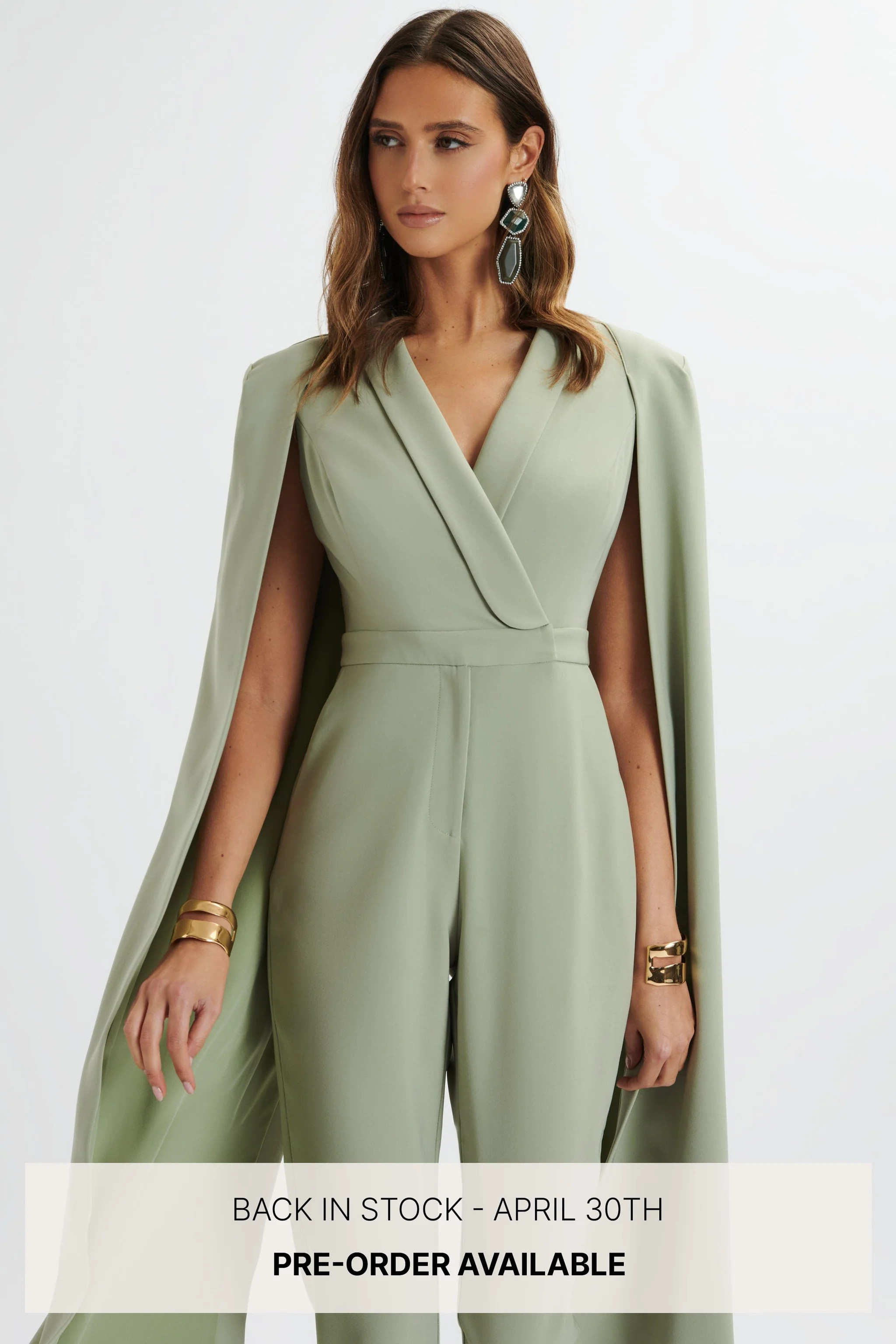 RAYNA Longline Cape Tailored Jumpsuit In Sage Green | Lavish Alice Retail Ltd