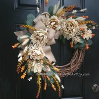 Fall Hydrangea Wreath, Large Neutral Fall Door Wreath With Orange Wildflowers, Eucalyptus Berry Wreath, Gift | Etsy (US)