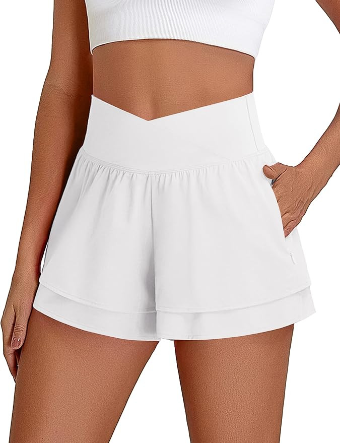 BMJL Womens Athletic Running Shorts High Waisted Crossover Workout Short with Pocket 3" | Amazon (US)