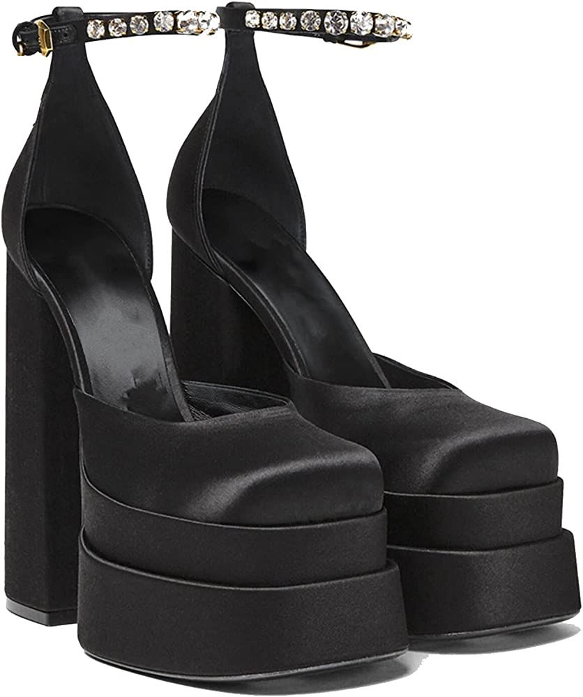 Womens Platform Dress Pumps Ankle Strap Block High Heel Silk Satin Square Toe Fashion Rhinestones He | Amazon (US)