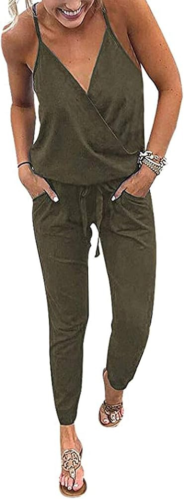 PRETTYGARDEN Women's Summer Deep V Neck Spaghetti Strap Drawstring Waist Jumpsuit Romper with Pocket | Amazon (US)