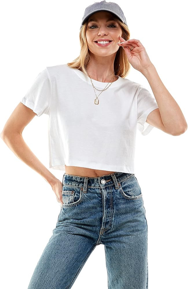 Women's 100% Cotton Boxy Crop Top Round Neck Short Sleeve Casual Cropped Tee T-Shirt | Amazon (US)