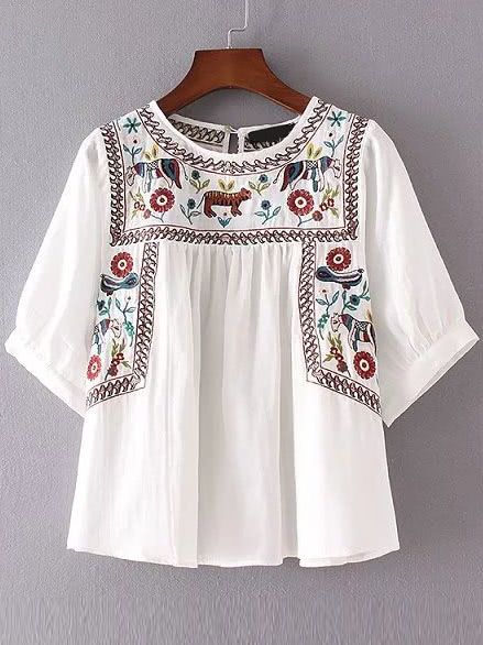 Embroidery Elbow Sleeve Keyhole Blouse | SHEIN