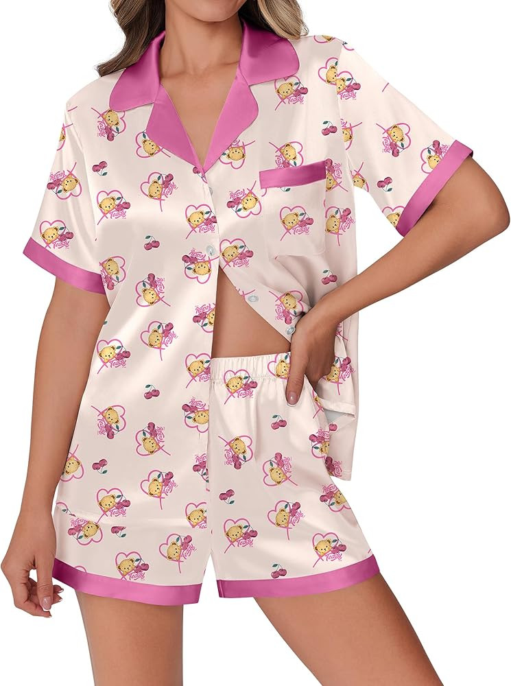 Ekouaer Womens Silk Satin Pajamas Set Animals Print Pjs Button Down Short Sleeve Lounge Set 2 Pie... | Amazon (US)