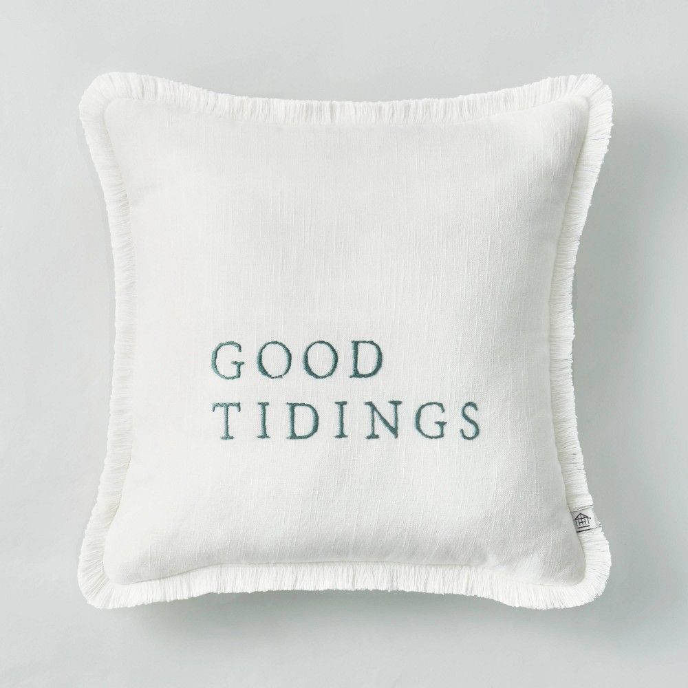 14"" x 14"" Embroidered 'Good Tidings' Decor Pillow Green/White - Hearth & Hand with Magnolia | Target
