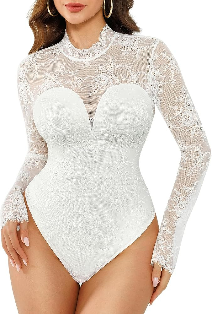 Popilush Long Sleeve Body Suits Womens Tummy Control Open Back Sheer Top Built in Bra Turtleneck ... | Amazon (US)