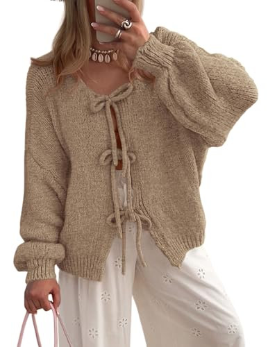 PRETTYGARDEN Women's Tie Front Bow Cardigan Sweaters Chunky Knit Long Puff Sleeve Trendy Fall Winter Jacket Coats (Light Khaki,Small) | Amazon (US)