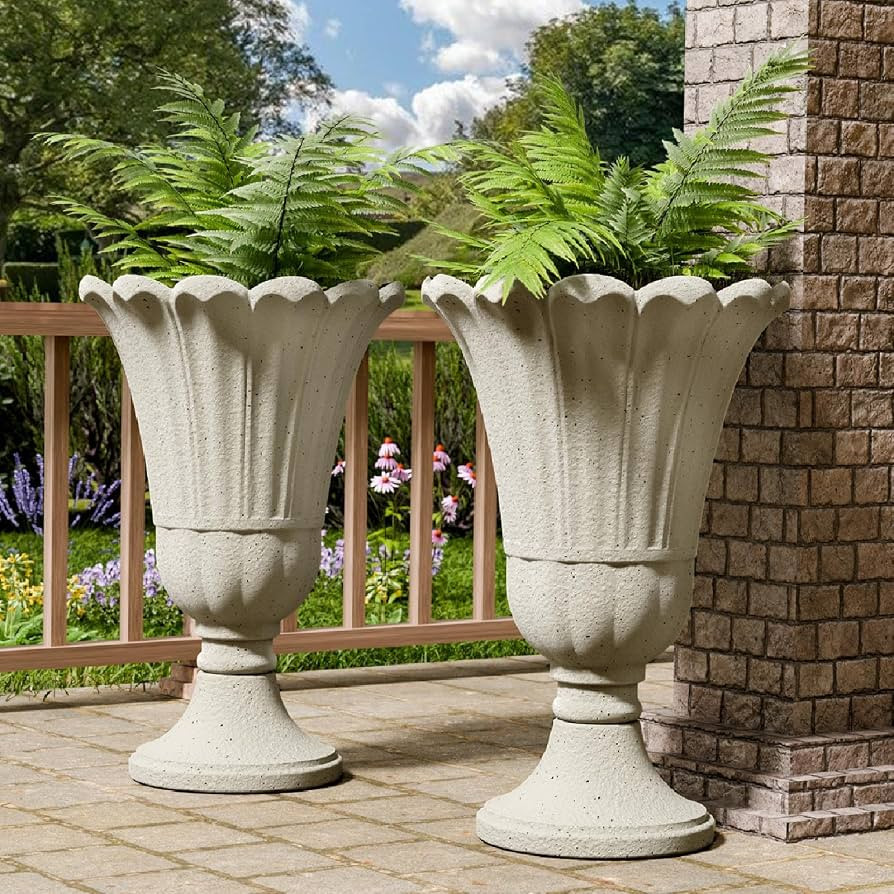 Tall Plastic Urn Planters and Pedestal - 24" Outdoor Planter Beige | Amazon (US)