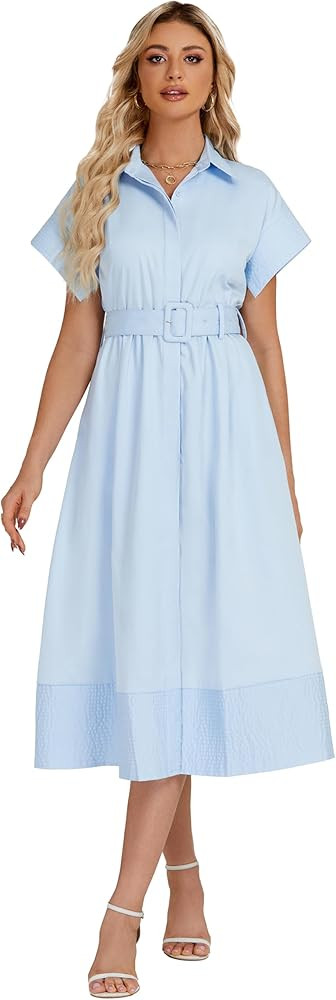 Ladyful Women Casual Button Down Shirt Dress Short Wing Sleeve Buiness Midi Shirt Dress with Belt... | Amazon (US)