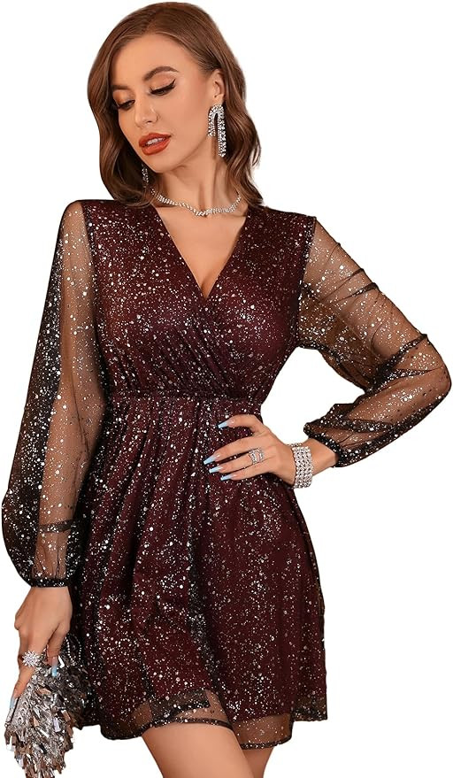 Floerns Women's Lantern Long Sleeve V Neck Mesh Cocktail Party Short Dress Without Belt | Amazon (US)