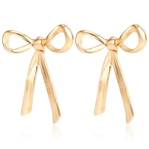 Bow Earrings for Women 18K Gold Plated Bow Earrings Trendy Ribbon Drop Dangle Earrings Dainty Bow Stud Earrings Gold Statement Earrings Party Prom Jewelry Accessories (Gold Bow) | Amazon (US)