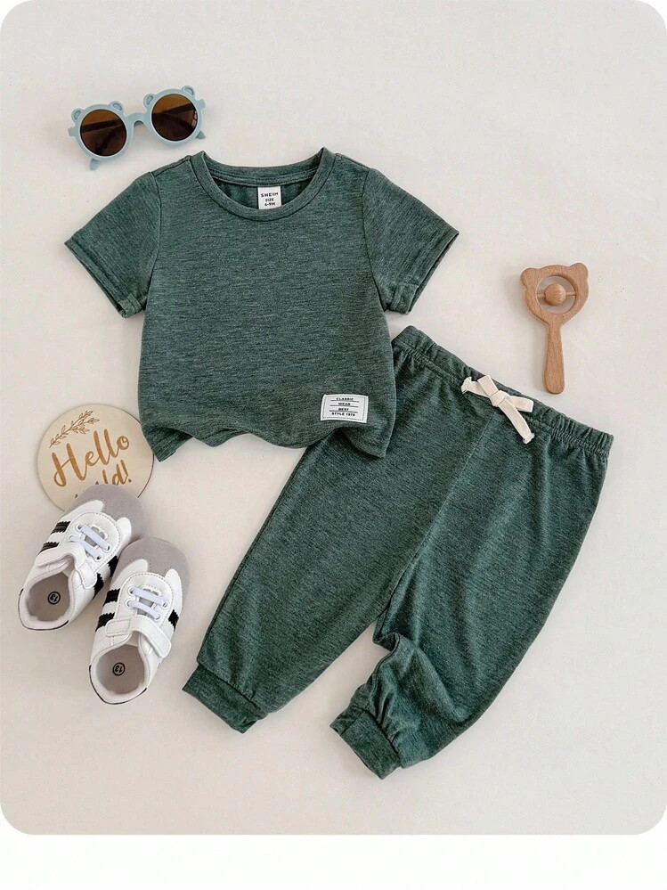 Baby Boy/Girl Green Spring/Summer Soft & Elastic Fabric Decorative Knitted Crew Neck Short Sleeve Top And Elastic Waist Pants 2-Piece Set, Suitable For Outings, Vacation, School, And Home | SHEIN