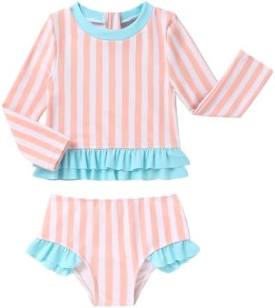 Baby Toddler Girls Swimsuits 2 Piece Long Sleeve Rash Guard Sun Production with Zipper | Amazon (US)