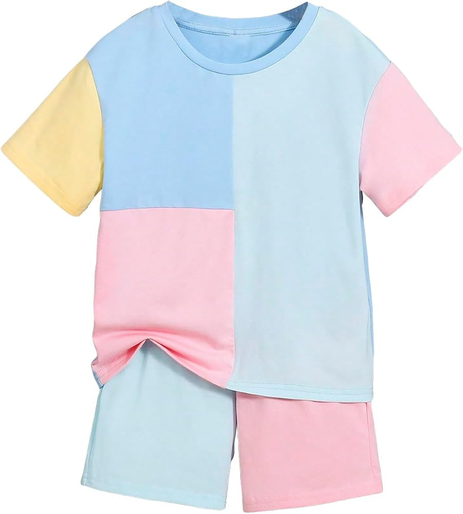 Verdusa Boy's 2 Piece Outfit Colorblock Short Sleeve Round Neck T Shirt and Shorts Set | Amazon (US)