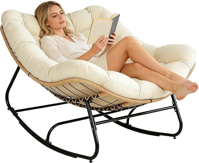 Oversized Wicker Rocking Chair Indoor Outdoor, 450 LBS Heavy Duty Patio Papasan Egg Chair with Cu... | Amazon (US)