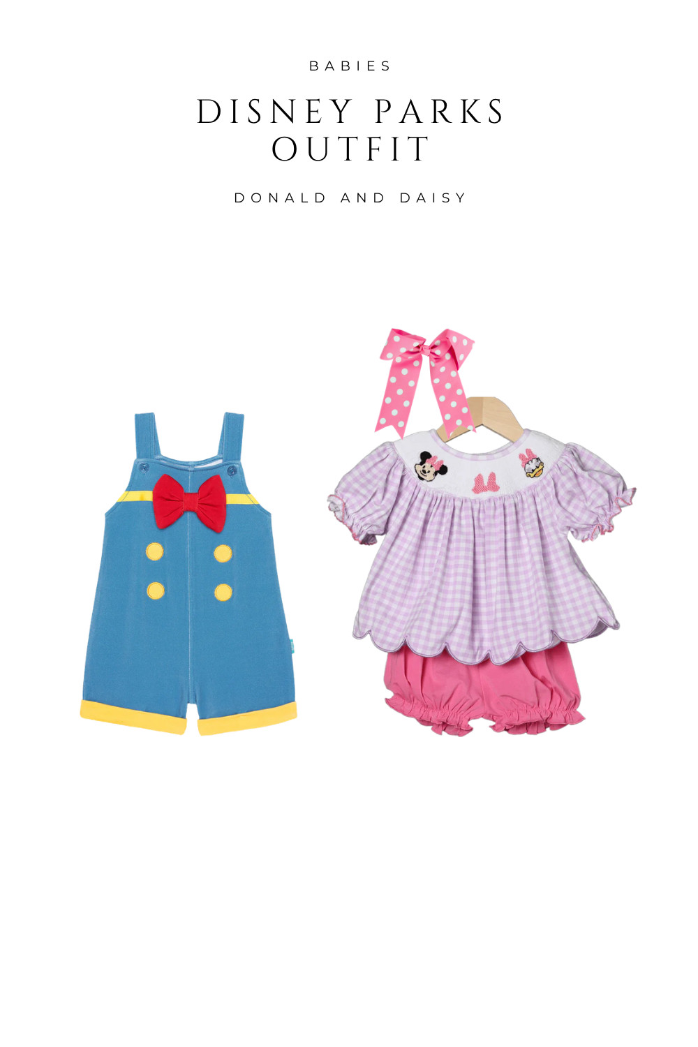  Disney Parks baby outfit inspo featuring a classic Donald Duck romper and a Daisy Duck smocked set. Perfect sibling outfits for Disney trips, character meet and greets, and summer park days. Lightweight, comfortable, and photo-ready Disney style for babies and toddlers.

 