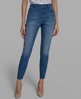 KARL LAGERFELD PARIS Women's Mid-Rise Studded Straight Jeans - Macy's | Macy's