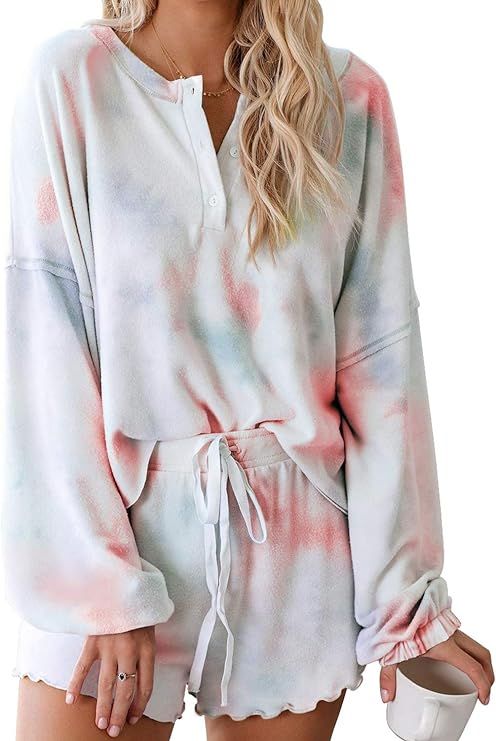 Asvivid Womens Tie Dye Printed Ruffle Short Pajamas Set Long Sleeve Tops and Shors PJ Set Loungew... | Amazon (US)