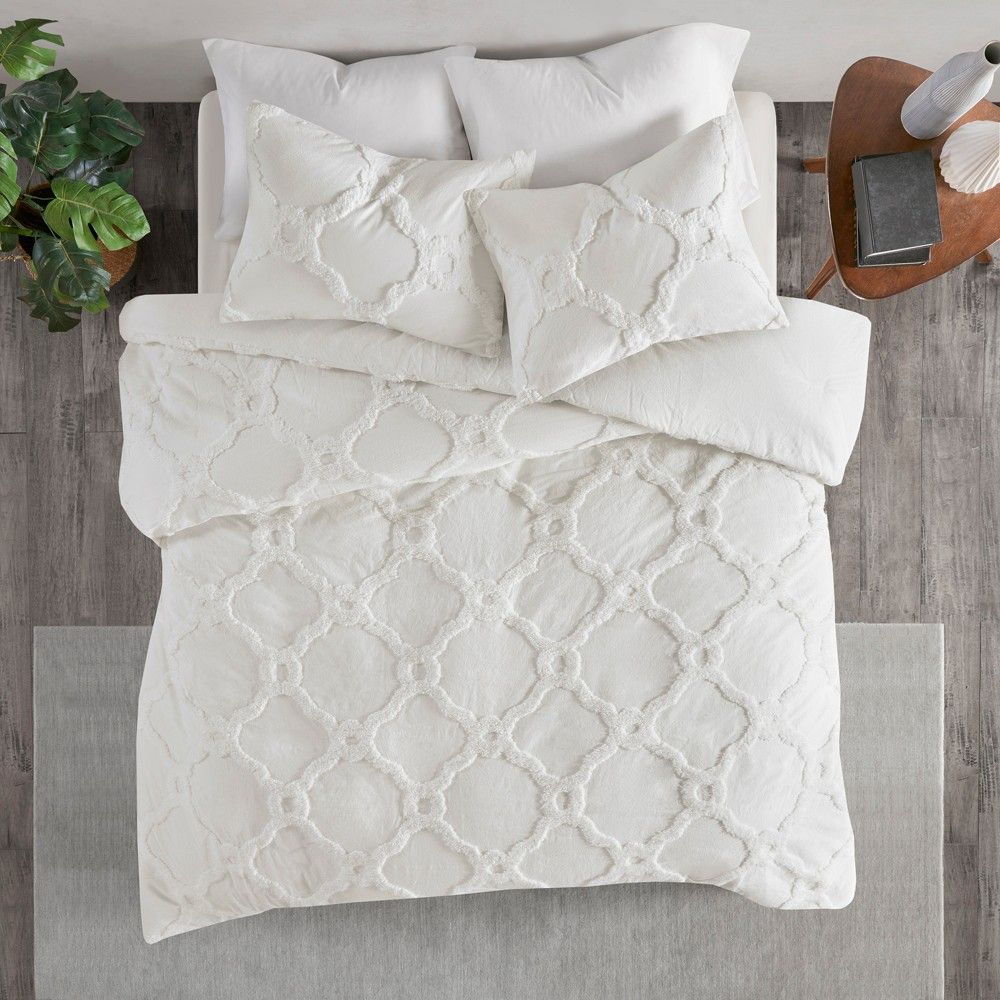 3pc Full/Queen Leena Cotton Geometric Duvet Cover Set White, Adult Unisex | Target