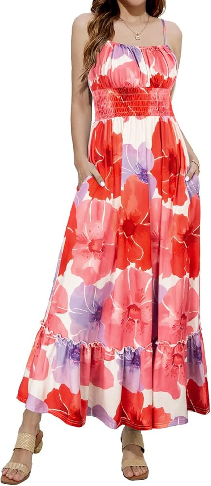 GRACE KARIN Womens 2024 Summer Maxi Dress Casual Sleeveless Spaghetti Strap Smocked Ruffle Beach ... | Amazon (US)