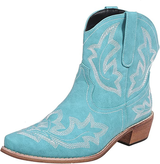 Cowboy Boots for Women Cowgirl Western Ankle Booties Pointed Toe Low Chunky Heel Embroidered Clas... | Amazon (US)