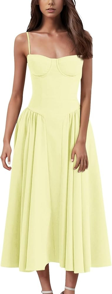 Womens Corset Dress Elegant Spaghetti Strap Bustier Midi Dress Flowy Pleated Hem Low Cut Prom Dre... | Amazon (US)