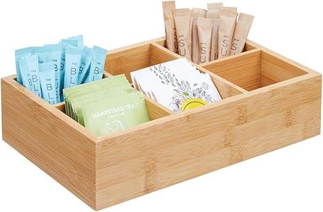 mDesign Bamboo Wood Compact Tea & Food Storage Organizer Bin Box - 6 Divided Sections - Holder fo... | Amazon (US)
