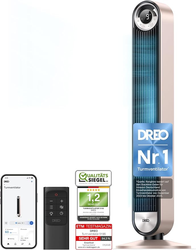 DREO 25dB Smart Leiser Turmventilator mit Kühlung, 106cm WiFi Alexa Tower Fan, 90° oszillierend... | Amazon (DE)