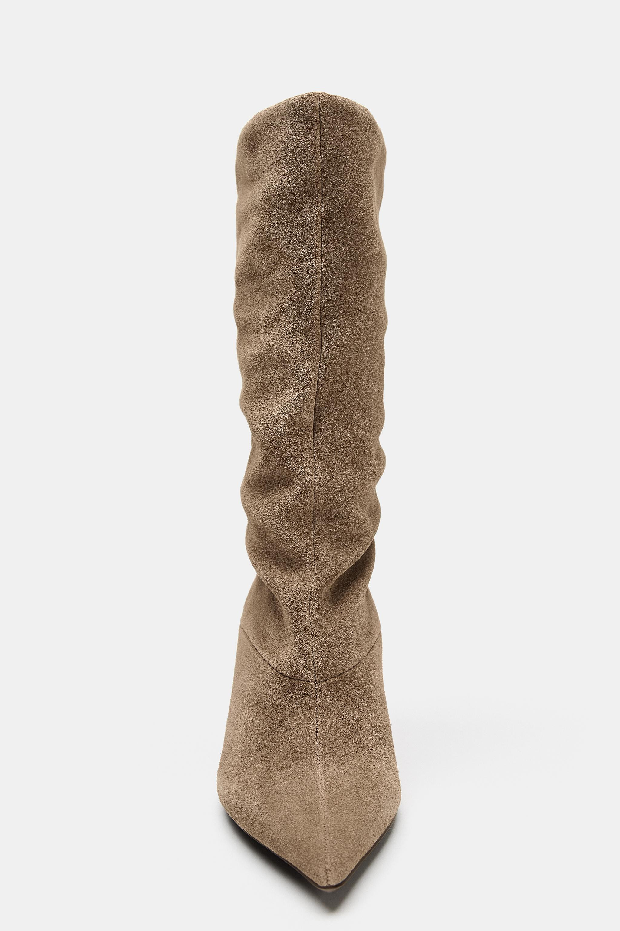 Suede heeled boots. Featuring gathered shaft detail. Slim mid-heel. Pointed toe. Heel height: 2.8... | Zara US