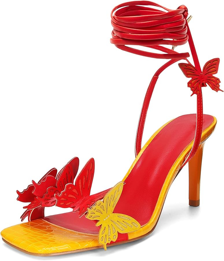 Butterfly Heeled Sandals for Women Sexy High Stiletto Lace Up Strappy Heels Square Open Toe Party... | Amazon (US)