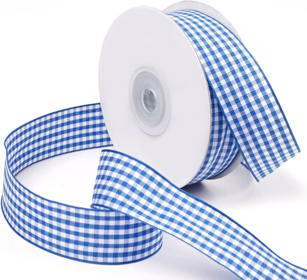 LaRibbons 1 inch Wide Plaid Ribbon, Gingham Ribbon for Craft - 25 Yard/Spool (Blue) | Amazon (US)