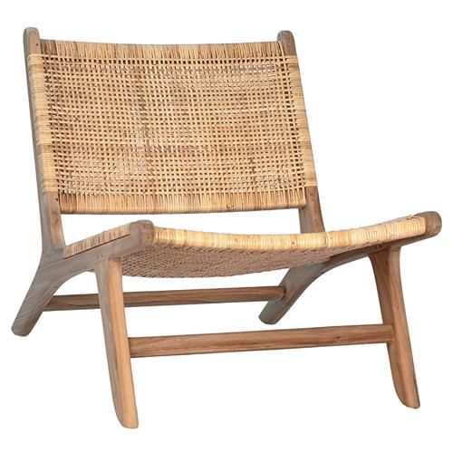 Lemar Coastal Beach Brown Teak Wood Frame Rattan Seat Back Occasional Chair | Kathy Kuo Home