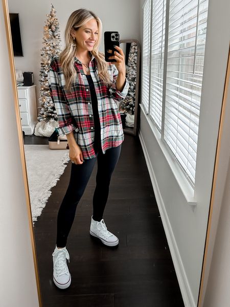 Wearing a small in old navy flannel, xs in amazon tank and xs in amazon leggings. All run tts. // old navy flannel is 50% off! 

Amazon sneakers. Converse sneaker dupe. Lululemon leggings dupe. Holiday outfit. Casual outfit. Holiday style. Ootd. Mom outfit. Mom style. Mom fashion. 

#LTKsalealert #LTKHoliday #LTKSeasonal