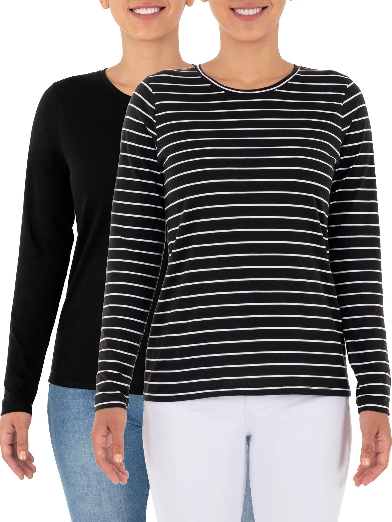 Time and Tru Women's Essential Pima Cotton Long Sleeve Crew Neck T-Shirt, 2-Pack - Walmart.com | Walmart (US)