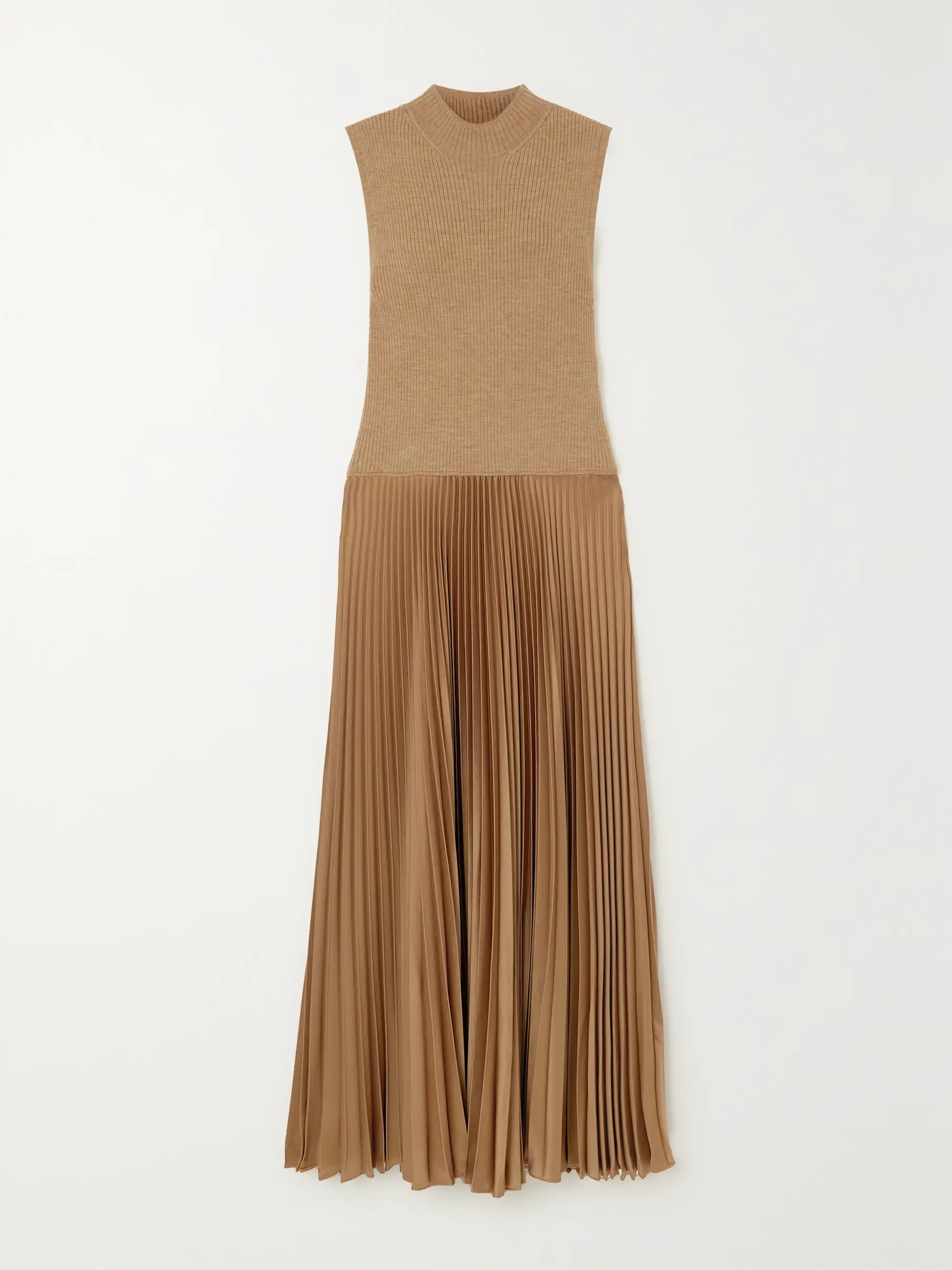Ribbed wool-blend and pleated charmeuse midi dress | NET-A-PORTER (US)