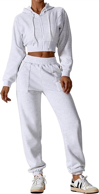 ABOCIW Women's Two Piece Outfits Sweatsuit Fleece Long Sleeve Zip Up Hoodies Cropped Sweatshirts ... | Amazon (US)