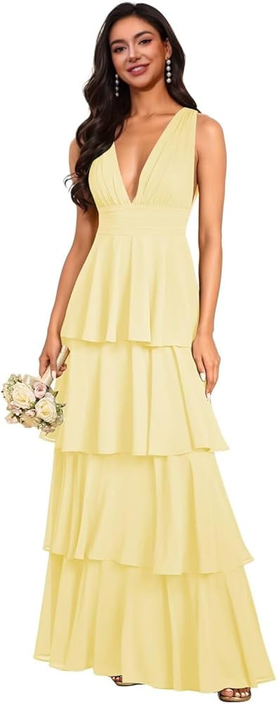 Tiered Chiffon Bridesmaid Dresses 2025 for Women Ruffles Formal Evening Dresses Long with Pleated... | Amazon (US)