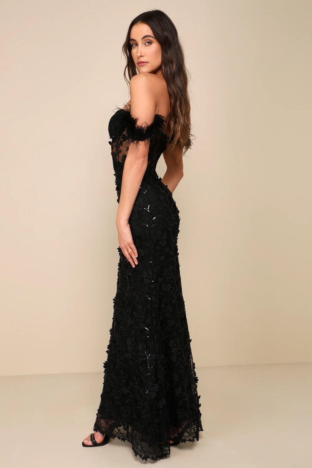 Midnight Sparkle Black Embroidered Feather Bustier Maxi Dress | Lulus