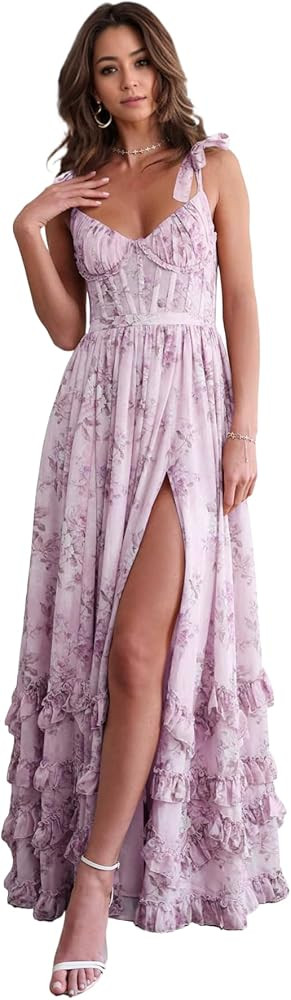 Bow Straps Chiffon Bridesmaid Dresses for Women A Line Prom Dress V Neck Floral Evening Party Gow... | Amazon (US)