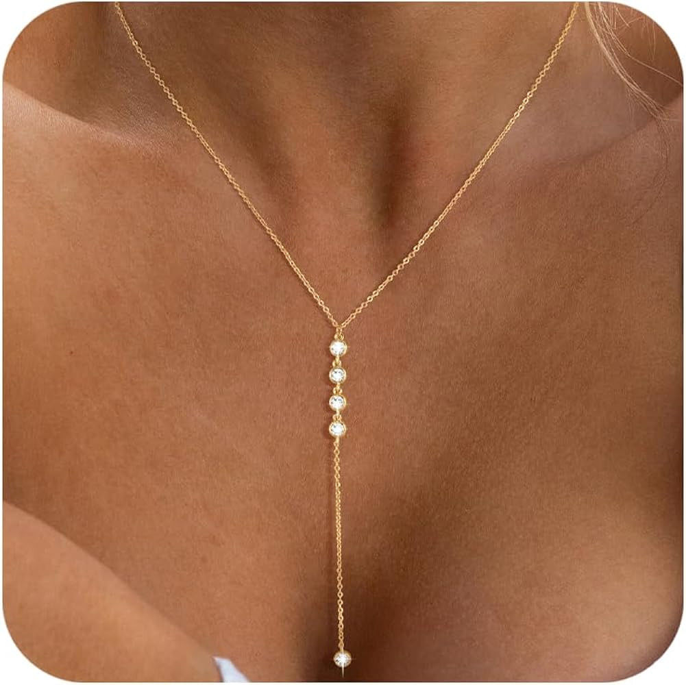 Picuzzy Lariat Gold Necklace for Women, Dainty 14k Gold Plated/Silver Long Necklace for Women Tre... | Amazon (US)