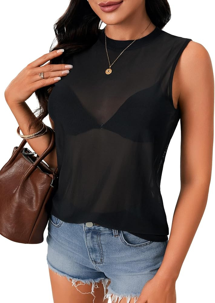 Rooscier Women's Mesh See Through Sheer Crew Neck Sleeveless Tank Top Cami Shirt Without Bra | Amazon (US)