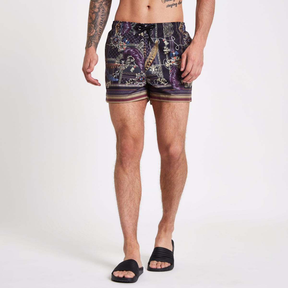 River Island Mens Black baroque print swim shorts | River Island (UK & IE)