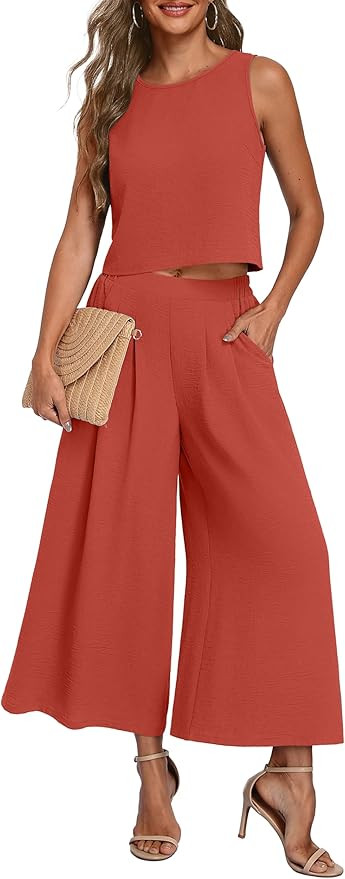 Lepunuo Womens Summer 2 Piece Outfits Flowy Wide Leg Pants Matching Sets | Amazon (US)