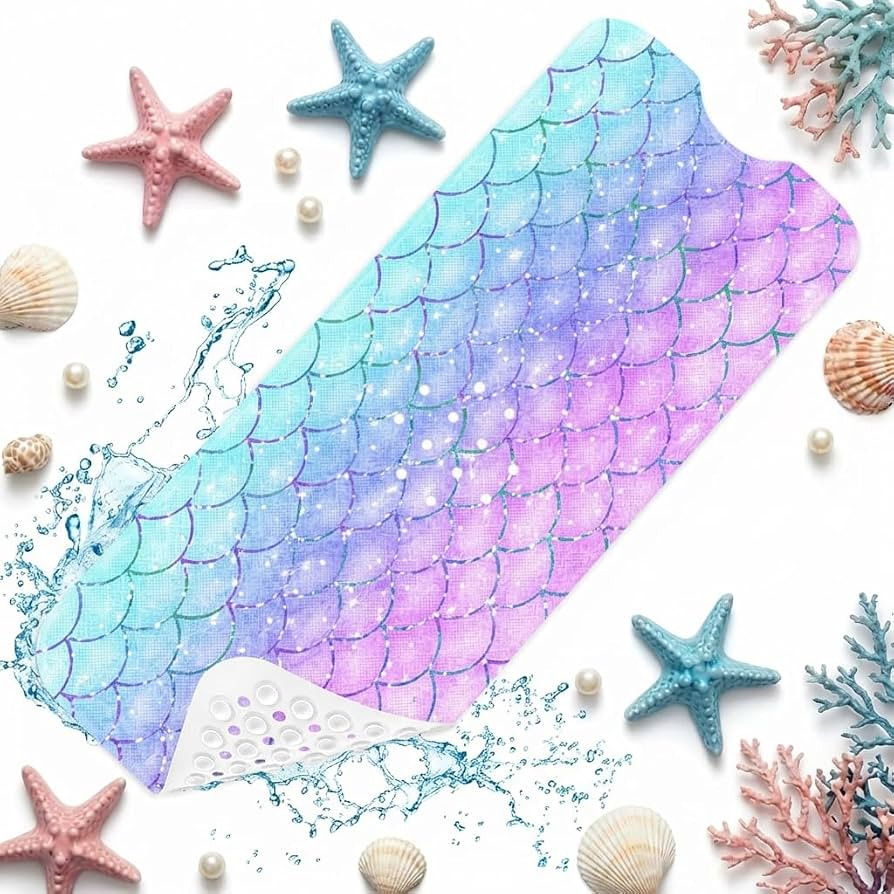 Pink Blue Mermaid Bathtub Shower Mat Fish Underwater Sea Non-Slip Tub Extra Long Bath Floor 40X16... | Amazon (US)