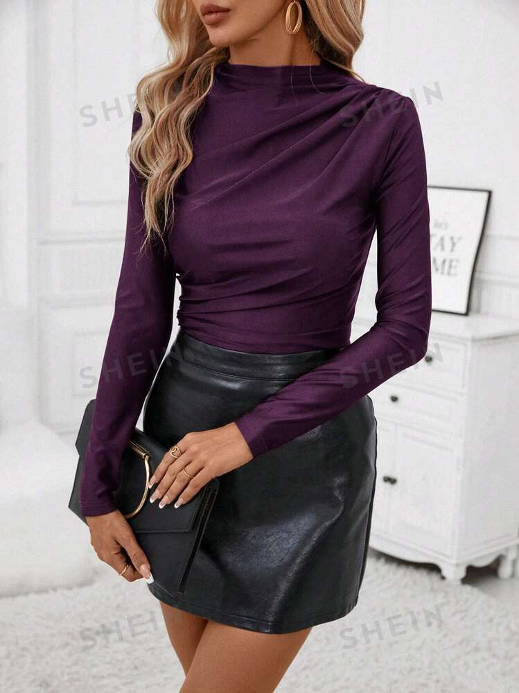 SHEIN Clasi Ladies' Long Sleeve T-Shirt With Pleats Asymmetrical Top | SHEIN USA | SHEIN